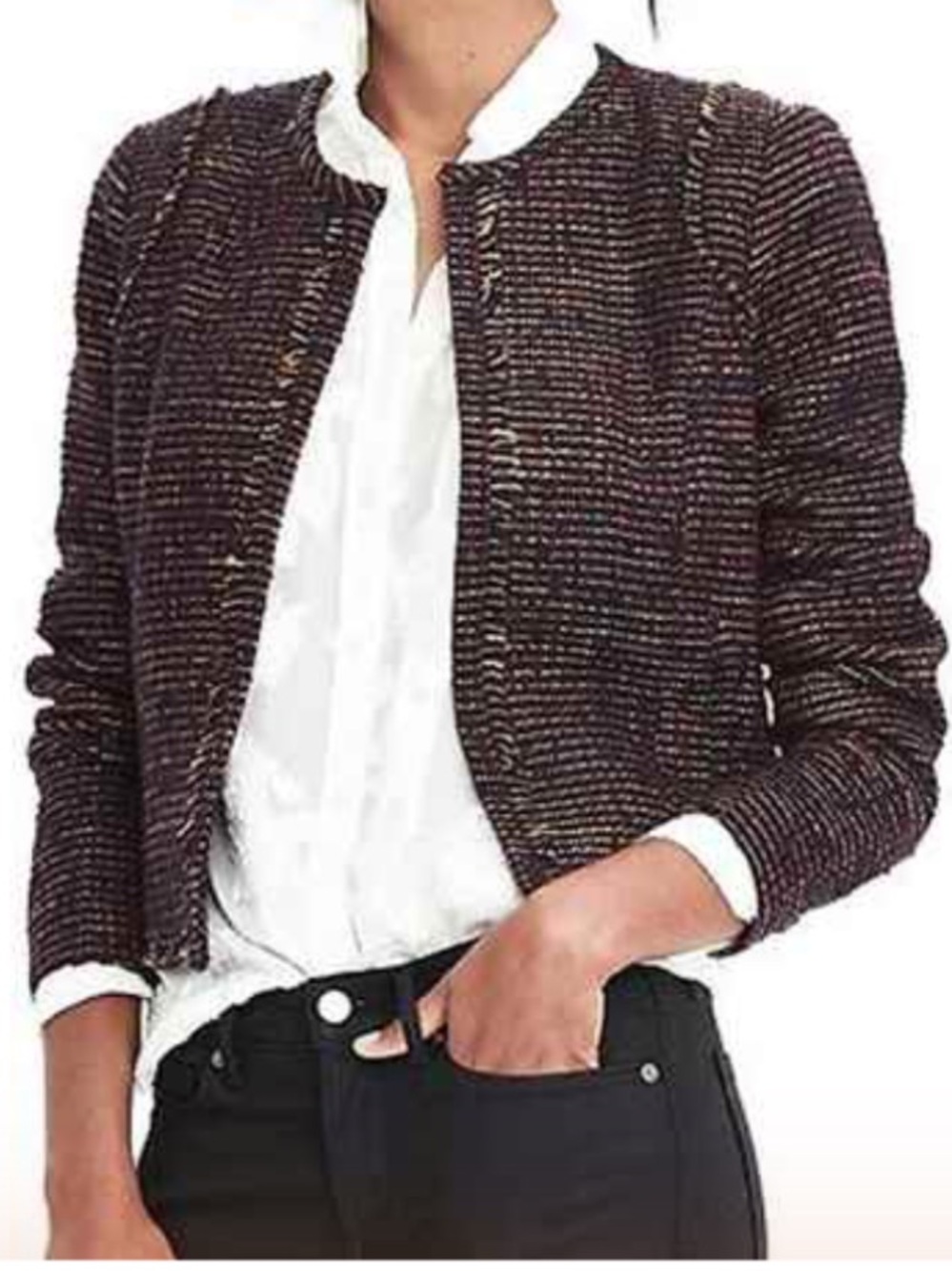 Banana Republic Women's Tweed Open-Front Jacket in Black with Pink Accent
